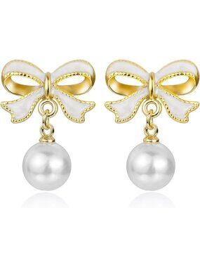 Women's Gold Plated White Enamel Bow Pearl Drop Dangle Earrings Elegant Jewelry
